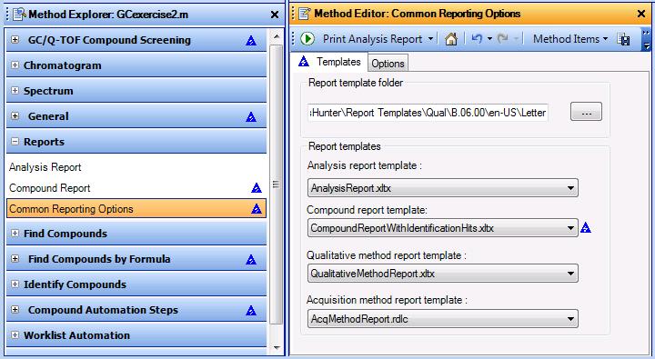 a b Method Explorer( 분석법탐색기 ) 창에서 Reports( 보고서 ) > Common Reporting Options( 일반보고옵션 ) 를클릭합니다. CompoundReport WithIdentificationHits.xlsx 를화합물보고서템플릿으로선택합니다.