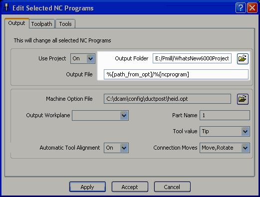 NC Program Name Based on Option File NC 프로그램을선택한옵션파일에따라그경로에출력할수있다. 이경우는옵션파일에경로이름이생성되어있어야하고, 출력파일확장자부분에정의가되어있어야한다.: 1.