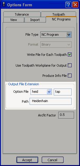 2. Tools-Options( 도구 - 옵션 ) 에서 NC 프로그램탭에있는 output file extension( 출력파일확장자 ) 옵션을사용한다. 3. Path 에 Heidenhain 을기입한다. 4.