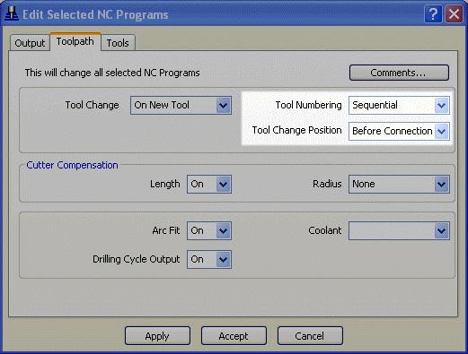 Tool Change( 공구교환 ) Edit Selected NC Programs( 선택된 NC 프로그램수정 ) 과 NC Preferences 창 Tool Change( 공구교환 ) 부분에향상된기능이몇가지있다.: 공구교환마다새롭게공구번호를순차적으로증가시키는방법을사용되었다.