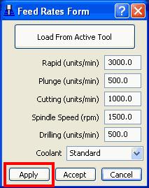 Apply to Active Toolpath Feed Rates From( 절삭조건 ) 창과 start and end point form( 시작점 / 끝점 ) 창에있는 Apply to Active Toolpath(