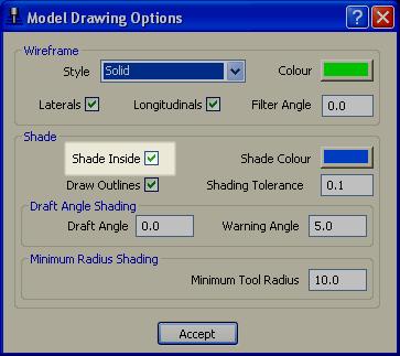 Default Machining Mode Shade( 기본적인가공모드쉐이딩 ) - Component Thickness( 가공여유설정 ) 창안에 Surfaces Defaults( 서피스기본 ) 탭에서정의된 Machining Mode ( 가공모드 ) 에의해모델의구성요소를쉐이딩한다. 다른옵션은다른색으로쉐이딩된다.
