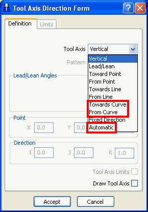 Tool Axis Enhancements ( 공구축향상 ) Towards Curve( 커브를향하는 ), From Curve( 커브에서나가는 ) 그리고 Automatic( 자동 ) 이라는새로운 3 가지의 Tool Axis( 공구축 ) 옵션을사용할수있게되었다.
