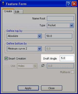 Draft Angle 피쳐에구배를주기위해 Feature Set( 피쳐셋 ) 에서오른쪽버튼을클릭하여메뉴에서 Create Feature Set ( 피쳐셋만들기 ) 를선택하면나오는창에서 Draft Angle 옵션을선택하면된다.