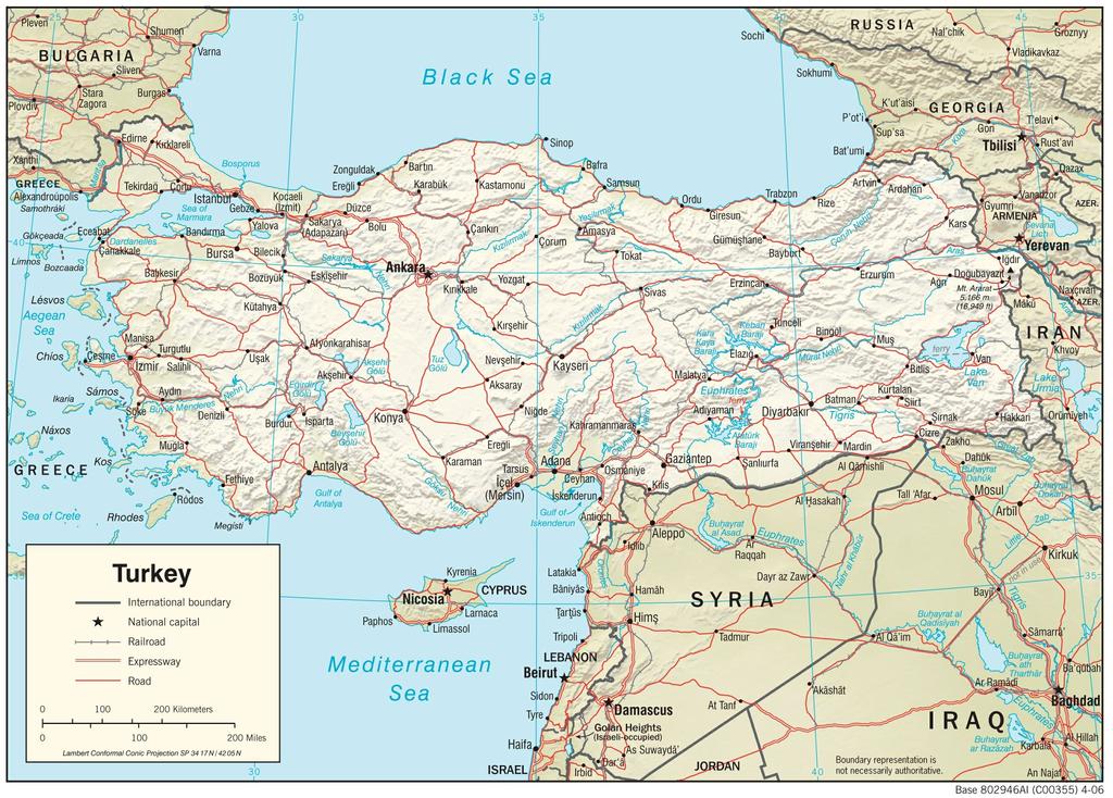 자료원: CIA Ⅰ. 국가 일반 1. 국가 개요 가. 일반사항 국명 터키공화국(Republic of Turkey) 위치 유럽 남동부 및 아시아 서부 면적 78만 3,562k (남한의 7.