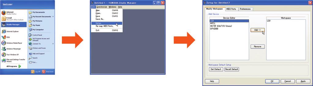 Studio Manager/LS9 Editor 시작 및 설정 (1) 프로그램 메뉴 또는 데스크탑 바로가기에서 YAMAHA Studio Manager를 시작합니다.