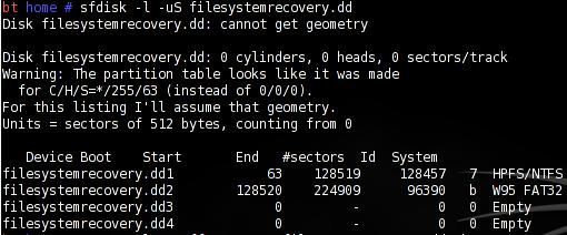 b. Linux 의 Loop Device 로 Mount 하여정상읶식되는지확읶 b-1. dd 파읷의정보확읶 (Encase 로확읶핚바와동읷함 ) c.f) MMLS filesystemrecovery.