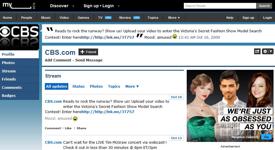 CBS MySpace ABC News Twitter 자료원 : http://www.myspace.com/cbsdotcom, http://twitter.com/#!