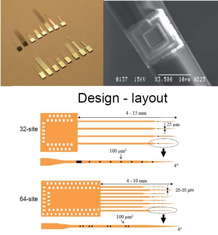 그림 2-7. Silicon-based ACREO microelectrode arrays 개념도 Ceramic-Based Microelectrodes: 단열세라믹은인접한연결라인사이에서의잡음을줄이는데사용되어왔다 (Burmeister and Gerhardt, 2001, 2006; Burmeister et al., 2000).