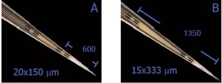 insertion 할경우이때문에문제가생길수있다. 조금더부드러운모서리는다이아몬드 saw 를통해서만들어질수있다. 그림 2-8. Ceramic-based conformal microelectrodes with eight recording sites ( 출처 : Photographs courtesy of Mr.
