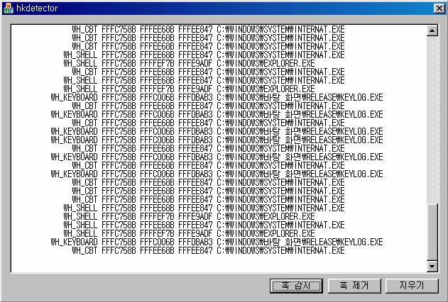 모든값이정상적으로넘어오기때문에훅을설치한프로그램을추적하는것이가능하다. < 화면 2> 는 Windows 98 SE 컴퓨터에서프로그램을동작시킨모습을보여주고있다. 화면 2 Windows 98 SE 에서훅탐지프로그램을실행한경우 훅프로시저는정말간단하다. < 리스트 1> 에코드가나와있다.