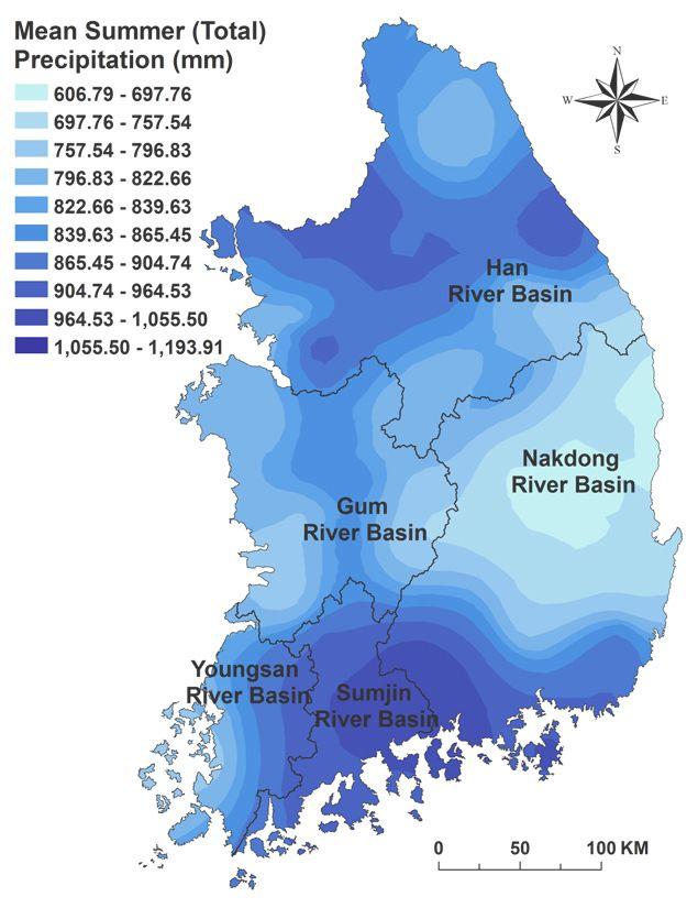 < 그림 2-2> Distribution of summer precipitation at 187 stations in Korea, 1973-2005 (Chang and Kwon 2007).