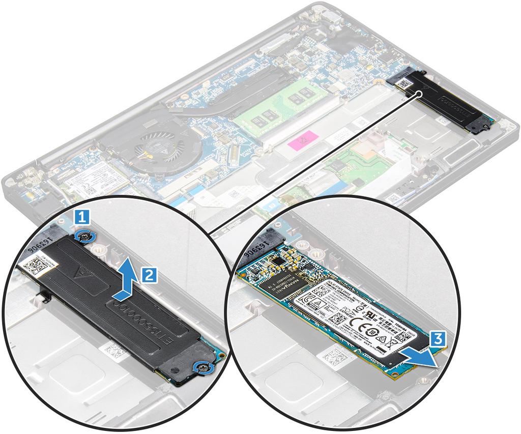 PCIe SSD 설치 1 PCIe SSD 카드를커넥터에삽입합니다. 2 PCIe SSD 카드위에 SSD 브래킷을설치합니다. 노트 : SSD 브래킷을설치할때브래킷의탭이손목받침대의탭에단단히고정되는지확인합니다.