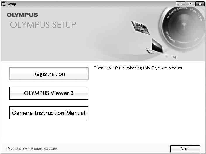 PC 소프트웨어설치및사용자등록 Windows 1 제공된 CD 를 CD-ROM 드라이브에삽입합니다. Windows XP 설정 대화상자가표시됩니다. Windows Vista/Windows 7/Windows 8 자동실행대화상자가표시됩니다. OLYMPUS Setup 를클릭하면 설정 대화상자가표시됩니다.