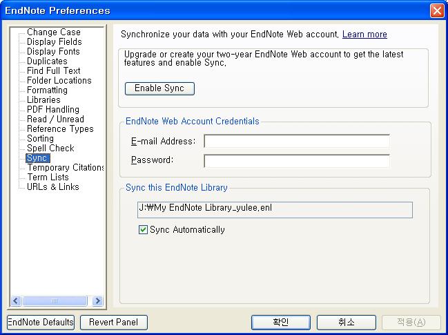 EndNote Web 과동기화 Desktop 기반인 EndNote 와달리 EndNote Web 은인터넷기반으로사용할수있어필요한경우언제든지자료정보저장및확인을할수있습니다. EndNote X6 버전부터는 Desktop 기반의 EndNote Library 와 EndNote Web 을연동하여이용할수있습니다. 1.
