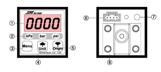 제품각부명칭및기능 1 Display부 (4행 LED적색 ) : 검출압력값, 각설정값, 에러및알람표시 2 입력단위표시부 ( 녹색 ) : Unit키를 1회씩누르면단위 kpa, bar, psi중에서설정해준단위에서녹색 LED점등 3 Menu키 : 운전모드에서각세부설정단계로진입및운전모드로복귀 4 UP/Unit키 : 운전모드에서 1회씩누를때마다단위변환 :