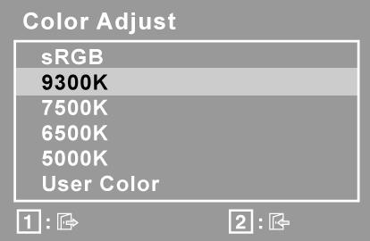 제어 설명 Color Adjust ( 색상조절 ) 다음과같이여러가지색상조절모드를제공합니다. 기본설정색상온도와, 적색 (R), 녹색 (G), 청색 (B) 의개별조절이가능한 User Color ( 사용자정의 ) 옵션. 이제품의출고시기본설정은 6500K(6500 Kelvin) 입니다.