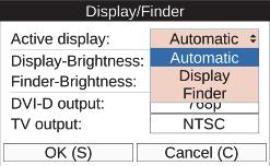 3 표시 메뉴 시스템 메뉴 디스플레이 하위 메뉴 "Display(디스플레이)" 하위 메뉴를 사용하여 본 열화상 장비의 디스플레이 설정을 선택할 수 있습니다. 표준 구성(출고 시 설정)에서 화면은 디스플레이가 카메라 하우징에 접혀 있을 때 디스플레이에서 뷰파인더로 전환됩니다(활성 디스플레이: 자동).