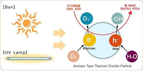 광섬유형자연채광 태양광자외선의중요성 이산화티타늄반응원리 1. 빛이이산화티타늄을비추게도면자유전자와양전하가발생한다.