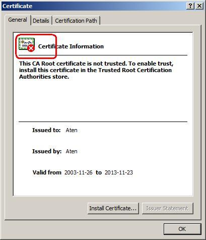 KVM over IP 사용자설명서 인증서설치 인증서를설치하려면다음을수행하십시오. 1. 보안경고대화상자에서인증서보기를클릭하십시오.