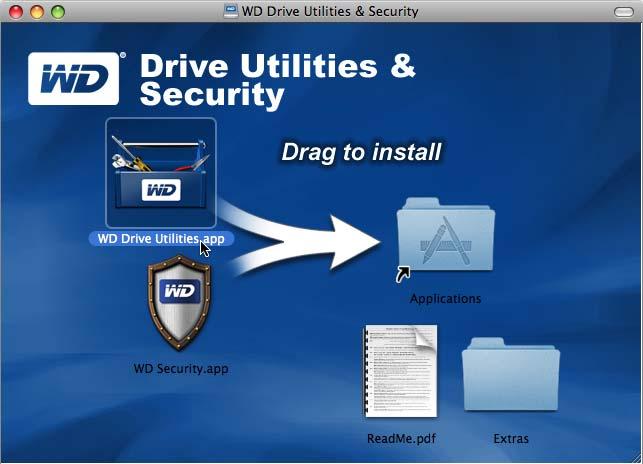 WD Drive Utilities 소프트웨어설치 드라이브등록, 진단실행등 WD Drive Utilities 소프트웨어를사용하면다양한작업이가능합니다. 1. My Book for Mac 아이콘을두번클릭한다음, 표시된화면에서.