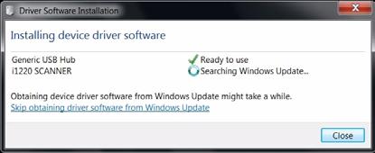 설치참고 Windows 7, 8 및 10 Windows 7, Windows 8 또는 Windows 10 에설치하는경우, 소프트웨어를설치하고스캐너를켜면다음메시지가표시될수있습니다. Windows Update 의드라이버소프트웨어다운로드건너뛰기링크를클릭합니다.