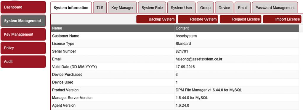 System Management III. DPM File 주요기능 System Information : DPM 라이선스정보, DPM Manager 의 System 환경에대한 Backup 및 Restore.
