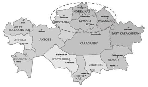 제 2 절카자흐스탄북부지역의지역개발 1. 카자흐스탄북부지역현황 가. 일반현황 [ 그림 3-1] 카자흐스탄의행정구역도 카자흐스탄은 14 개주와 2 개특별시 (special city) 로구성되었으며, 2 개특별시인아스타나와알마티는독립적인자치행정구역으로편제되어있다.