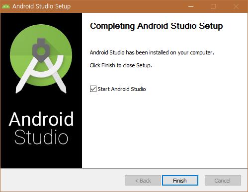 그림 6 소프트웨어를실행하려면안드로이드스튜디오시작 (Start Android Studio) 확인란이선택된상태그대로둔다. 설치를완료하려면안드로이드스튜디오시작 (Start Android Studio) 확인 란이선택된상태로마침 (Finish) 을클릭한다.