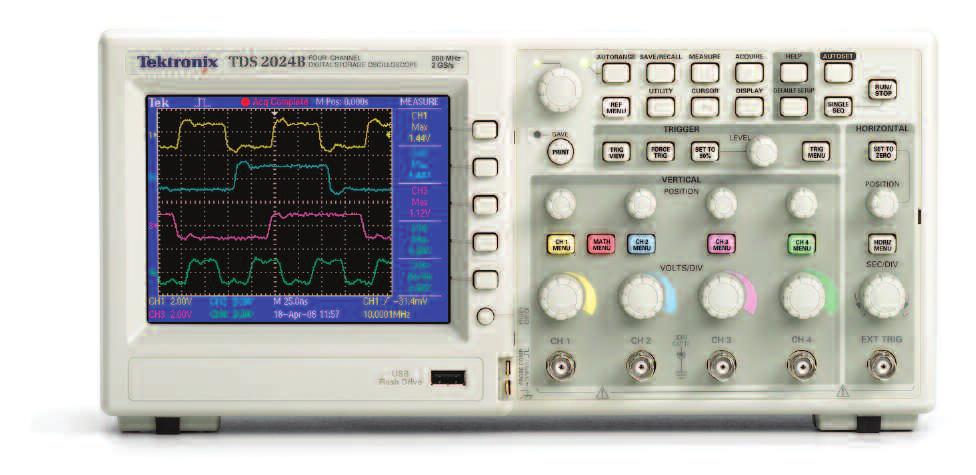 Oscilloscopes TDS1000B 및 TDS2000B 시리즈 빠른생산성향상과놀라운사용의간편성 디지털스토리지오실로스코프 텍트로닉스의독창적인디지털실시간 (DTR) 샘플링기술을이용하여동시에 4 개의채널에서광범위한신호유형을빠르게디버그및특성화할수있습니다. 간단한유저인터페이스, 스마트한자동설정기능및구문검색도움말메뉴를사용하여간단하게셋업및사용할수있습니다.