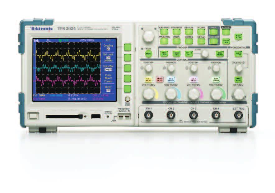 Oscilloscopes TPS2000 시리즈 작업대에서현장에이르기까지강력한생산성 최고 2GS/s 샘플속도의 DRT( 디지털실시간 ) 샘플링기술을통해포착하기어려운글리치를처음발생시에바로포착 자동설정메뉴, 자동범위조정, 자동측정, 10X~1000X 수직위치컨트롤등과같은기능으로생산성향상 4 개의 IsolatedChannel TM