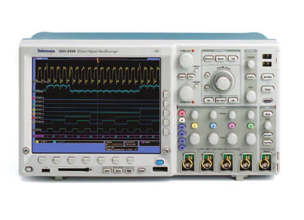 Oscilloscopes MSO4000 시리즈 혼합신호오실로스코프 혼합신호설계의디버깅을위한풍부한기능을갖춘툴 5.4 인치 (137mm) 얇은두께로작업공간을작게차지합니다. 강력한검색기능으로발생한이벤트를모두찾아표시할수있습니다. 10.4 인치 (264mm) XGA 급디스플레이로스크린에동시 20 개이상의파형을볼수있습니다.