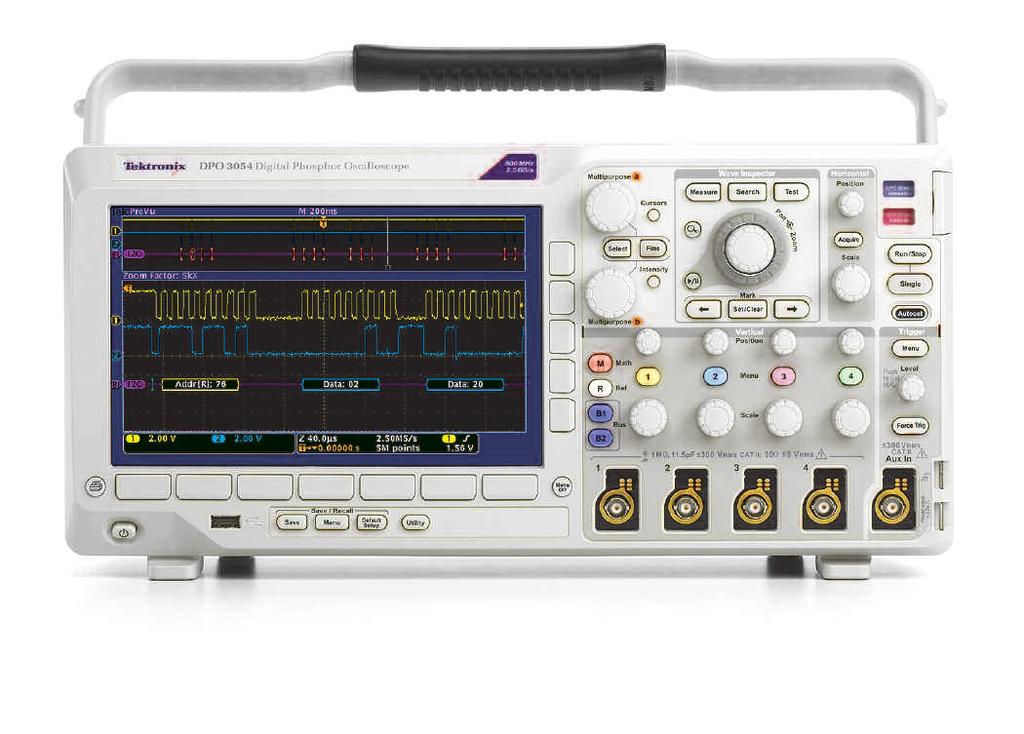 Oscilloscopes DPO3000 시리즈 디지털포스퍼오실로스코프 혼합신호설계디버깅을위한풍부한툴제공 9인치 (229mm) 와이드한스크린에 WVGA 고해상도의디스플레이가장착되어있습니다. 5.4인치 (137mm) 얇은두께로공간을적게차지합니다. 전면부의 USB 포트를사용하여데이터를편리하게저장할수있습니다.