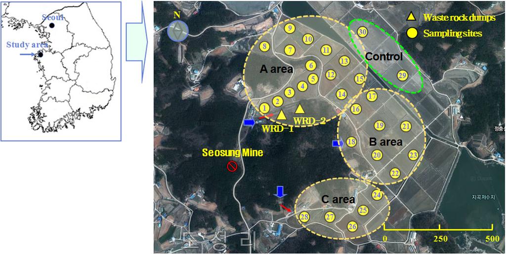 162 Kim et al. Fig. 1. Study area and sampling locations of the closed metalliferous mine. 대책이실시되었다고볼수있다.