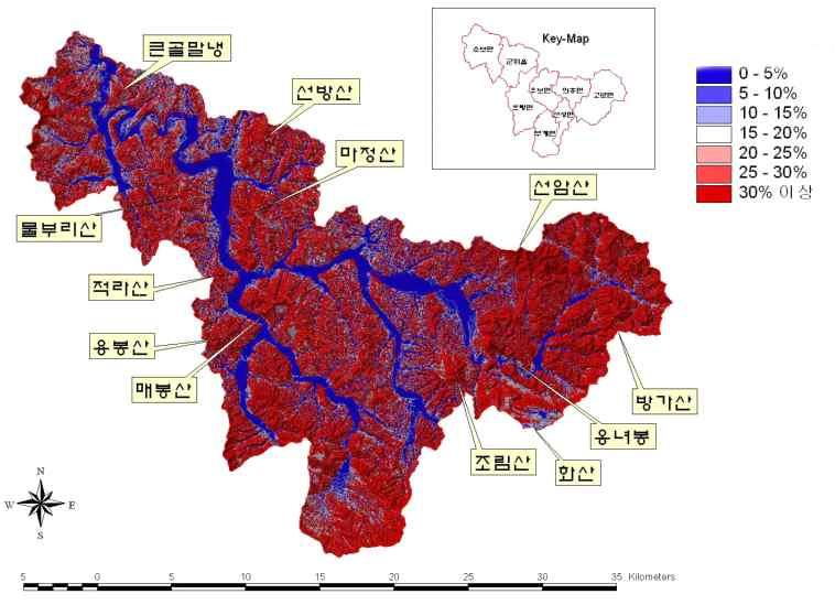 대구대도시권 군위군 : 7 군위군의 표고분석도 및 경사분석도 낙동강 상류지역에 입지 군위군은 낙동강 상류지역에 입지하고 있으며, 주요 수계는 지방2 급하천 8개소 190.