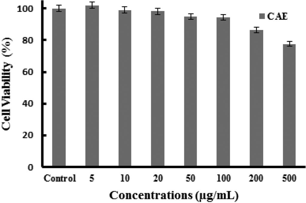 커피에탄올추출물의항균및미백활성 249 Fig. 4. Effect of Coffea arabica ethanol extract (CAE) on cell viability of mouse B16-F10 melanoma cell.