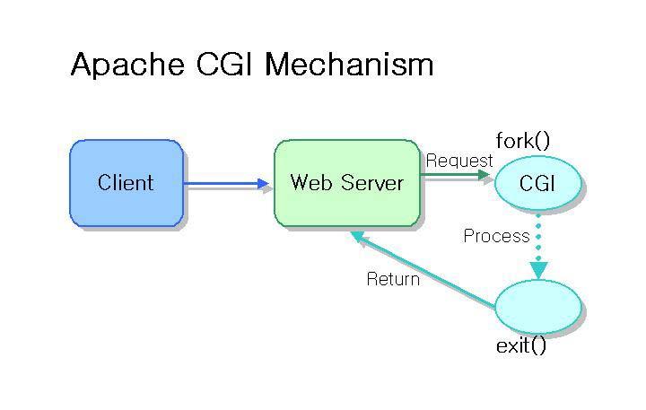 WebtoB WebtoB 관리자안내서 아래그림은아파치 Web Server 에서의 CGI 를사용하는모습을 나타낸다. 그림 8-3. Apache 에서의 CGI 동작방식 위그림을보면매순간 CGI 가 fork 되는로드가늘생길수밖에없다는것을알수있다. WebtoB 에서제공하는 WBAPI 는우선 CGI 의이런점을개선하였다.