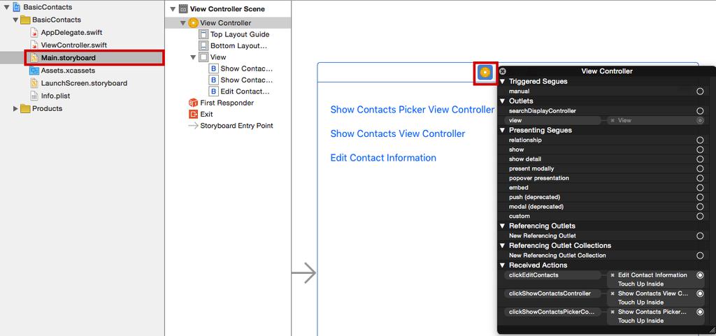 그림 1-4 버튼의액션연결상태 그리고단축키 [command + R] 또는 Xcode 상단의 [ 실행 ] 버튼을눌러애플 리케이션을실행한후, 화면가장위의버튼인 [Show Contacts Picker View Controller] 를선택합니다.