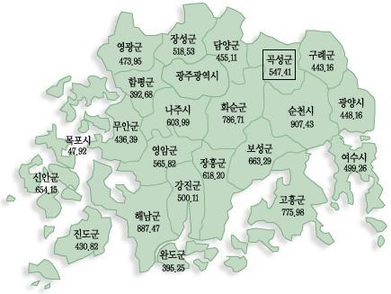 곡성군위치및면적 ( km2 ) 자료 : 전라남도홈페이지 (http://www.jeonnam.go.kr) 참조.