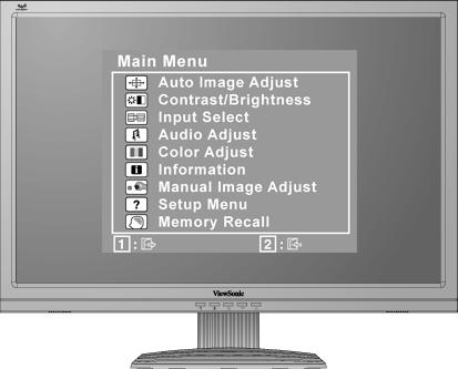 화면이미지조정하기 전면제어패널의버튼을사용하여화면에나타난 OSD 제어를화면에표시하고조정합니다. OSD 제어는다음페이지의상단에설명이있고, 11 페이지의 "Main Menu ( 메인메뉴 ) 제어 " 에정의되어있습니다. OSD 제어의 Main Menu ( 메인메뉴 ) 전면제어패널 ( 자세한내용은아래참조 ) 강조표시된제어에대한제어화면을표시합니다.
