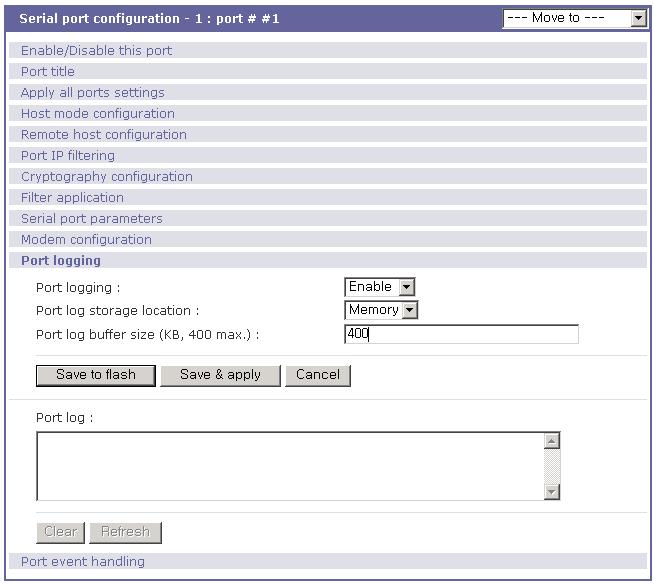 그림 4-17 Port logging configuration 4.2.12. Port event handling configurations STS 시리즈는 사용자가 포트 이벤트 핸들링 구성을 통해서 시리얼 포트로 연결된 시리얼 장치에 서 데이터를 모니터링거나 데이터에 반응할 수 있는 수단을 제공합니다.
