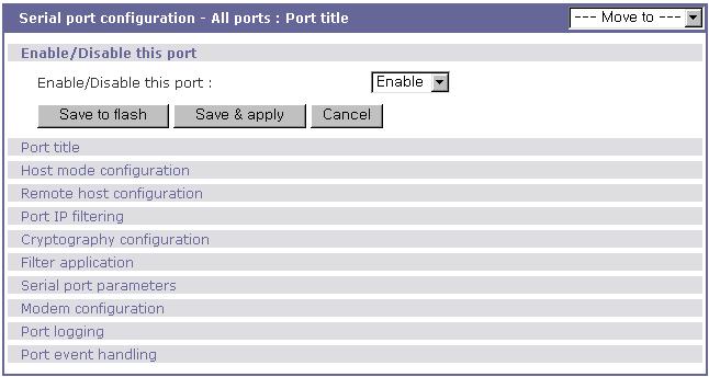 4.3. 모든 포트 설정 모든 시리얼 포트가 유사하거나 동일하게 수정되는 경우, 이 기능을 이용하게 됩니다. All port configuration 상태에서 설정한 값은 개별 포트의 apply all port setting 옵션이 disable로 설정되어 있지 않은 모든 시리얼 포트에 적용됩니다.