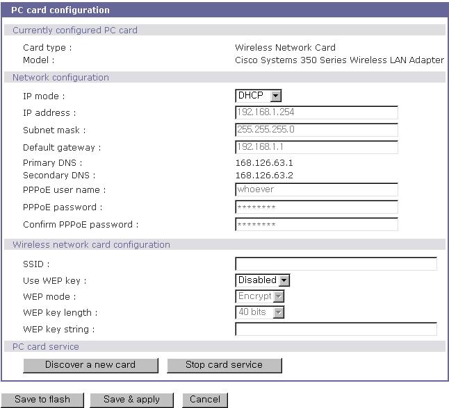 사용자는 반드시 PC 랜 카드를 설정할 때 PC 랜 카드를 선택하고 primary 및 secondary DNS 서버를 설정해야 합니다. 모든 다른 설정의 단계들은 섹션 3.1 IP 설정에 자세히 설명되어 있습니다. STS 시리즈가 지원하는 랜 PC 카드 리스트를 보려면 부록 B. STS 시리즈가 지원하는 PC 카드를 참조하십시오. 5.2.
