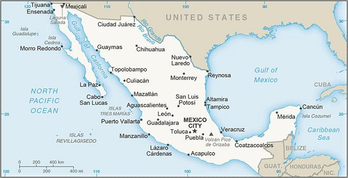 자료원 : CIA Ⅰ. 국가일반 1. 국가개요 가. 일반사항 국명 위치 멕시코 (México, 메히꼬 ) / 멕시코합중국 (Estados Unidos Mexicanos) 멕시코는영어식발음이며원어로는메히꼬임.