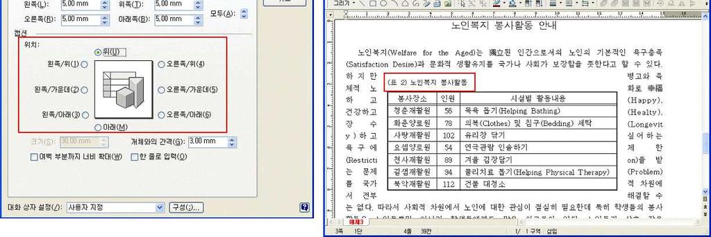 q 표, 차트, 글상자, 주석익히기 >> 표편집하기 l 표캡션설정하기 표제목을의미 [ 입력 ]-[ 캡션달기 ]