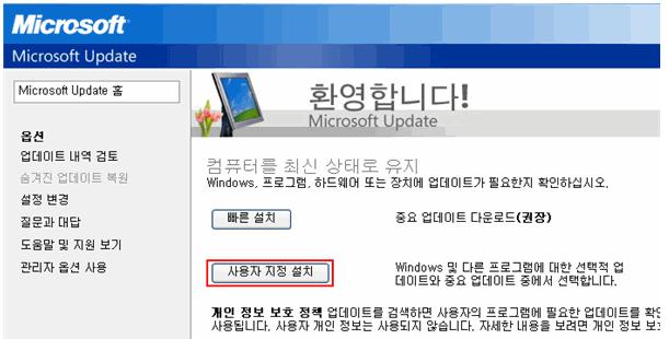 점검결과와조치방법 사용자지정설치 사용자지정설치를선택하면업데이트항목을사용자가확인하고설치할수있습니다. 1. Internet Explorer 실행후도구 >Windows Update 를선택하거나 http://www.update.microsoft.