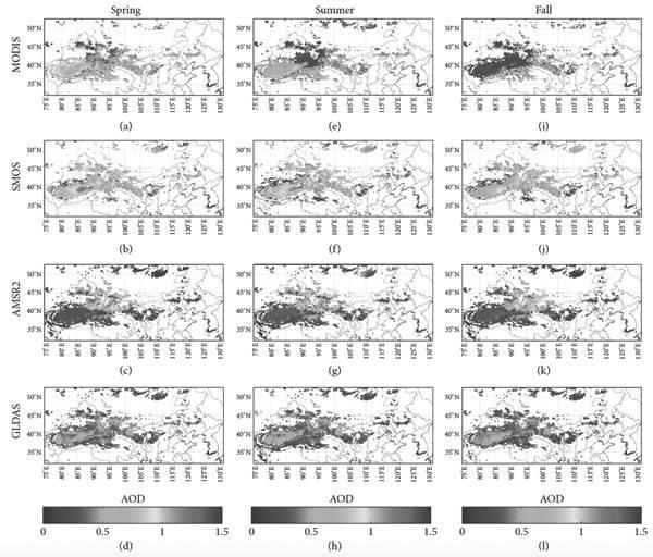 그림 4. 인공위성토양수분자료와의연계를통한 AOD 공간분포 (Kim etal., 2017) 후황사발생지점을예측하고발생지점의생태를변화시켜황사발생을줄일수있는연구를수행하는것에는한계가있다.