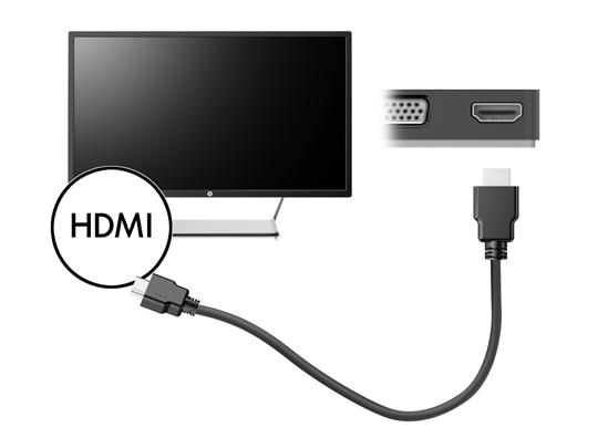HDMI 케이블을사용하여비디오장치연결 ( 일부제품만해당 ) 참고 : 도크에 HDMI 장치를연결하려면 HDMI 케이블 ( 별도구매 ) 이필요합니다. 참고 : 도크는한번에하나의디스플레이장치만지원합니다. VGA 디스플레이장치가도크에연결된상태에서는 HDMI 디스플레이장치를지원하지않습니다. HDMI 디스플레이장치를연결하기전에먼저 VGA 디스플레이장치를분리해야합니다.