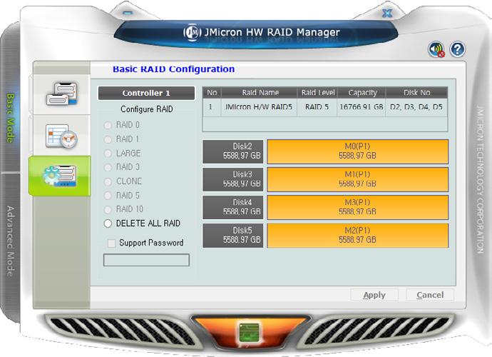 제 2 장 RAID 설정 소개 시작하기 JMB39X HW RAID Manager를설정하고 JMB39X HW RAID 컨트롤러에연결된디스크의상태를감시할수있습니다. JMB39X HW RAID Manager GUI 창을열면화면의우측하단모서리에위치한알림트레이에실행아이콘이표시됩니다.