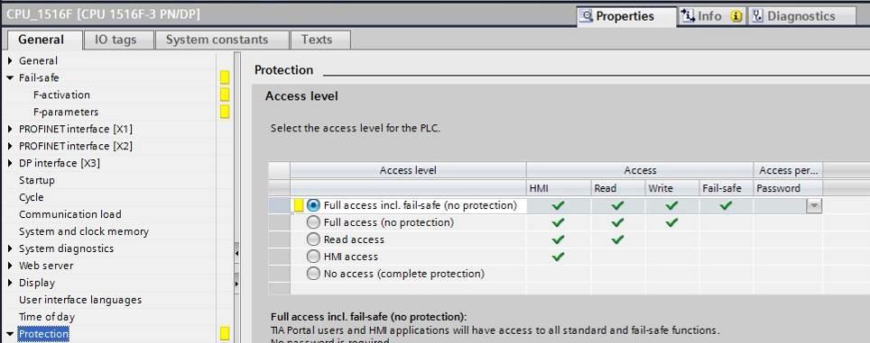 7.5 CPU 1516F-3 PN/DP 에서의엑세스레벨구성 "Protection" 메뉴로가서 "Full access incl. fail-safe (no protection)" 으로엑세스레벨을 선택합니다. 참고 : 안전프로그램이생성되어있지않고, 따라서암호지정을할필요가없다는점에서 "Full access incl.